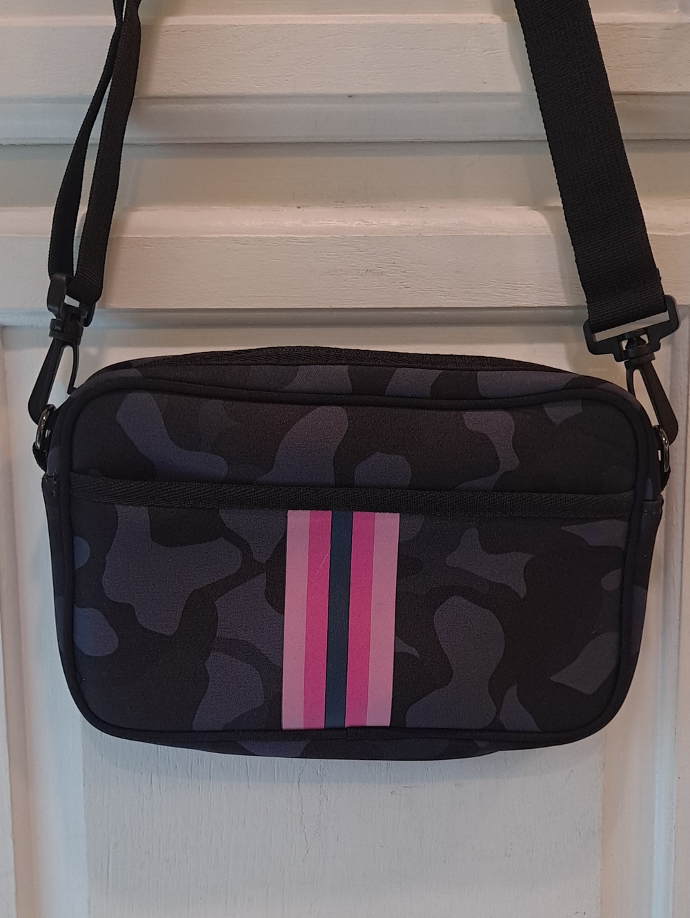 Neoprene Black Navy Camo Crossbody Messenger Bag with Pink Stripe Accent
